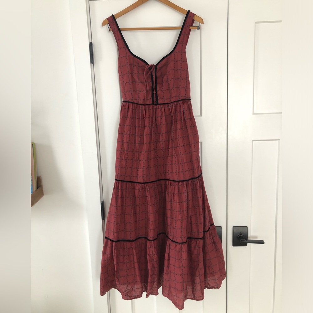 Christy Dawn Rust Red Tiered Maxi Dress with Black Trim